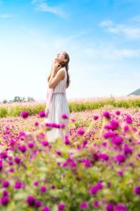 woman wearing white and gray striped sleeveless dress smelling the air standing in the pink flower field at daytime